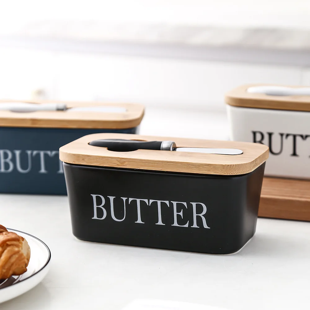 

Ceramic Butter Boxes Dishes Cans Cheese Trays Vertical Containers Kitchen Food Storage Containers with Round Wooden Covers