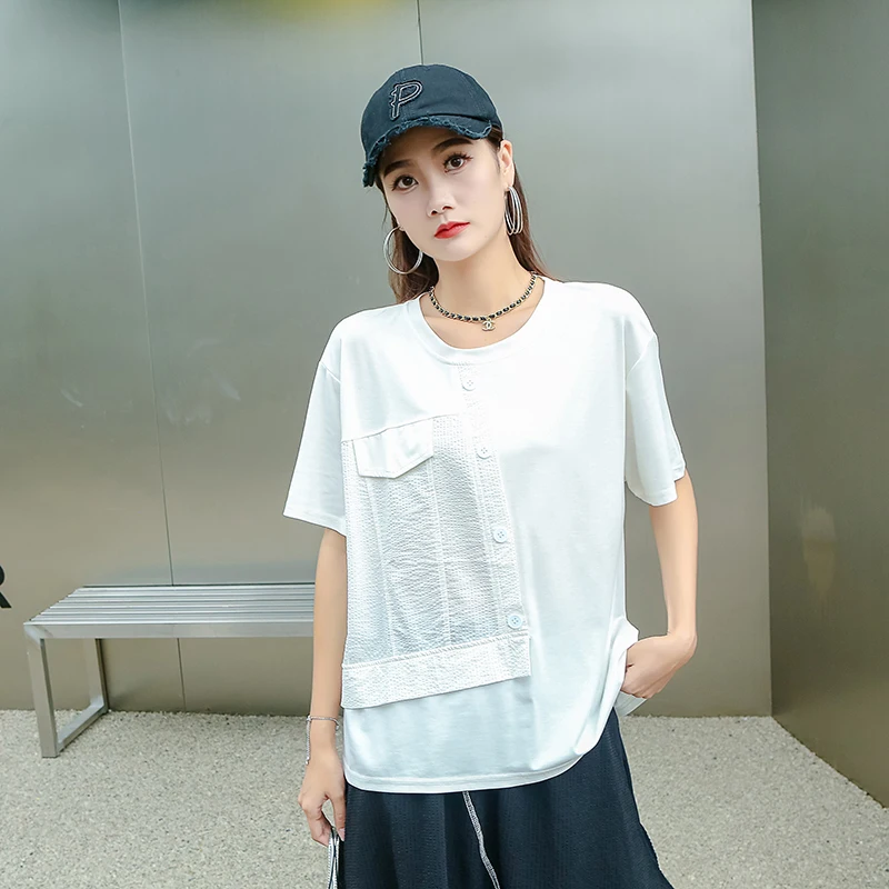 

230426 Casual Patchwork T-shirt Loose Fashion Solid Color Button Women 2023 Summer New All-match Big Size Street Style Tendy Tee
