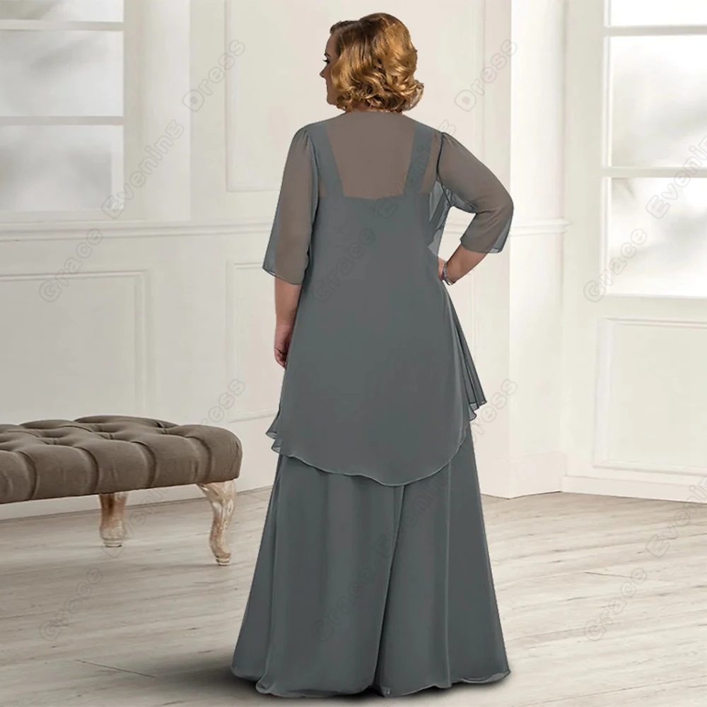 Plus Size Grey Mother of Bride Dresses Chiffon Three Quarter Wedding Party Gowns
