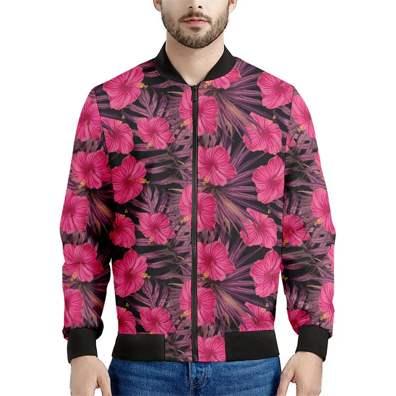Chaqueta con cremallera y estampado de flores hawaianas para hombre, sudadera con estampado de plantas tropicales en 3D, sudaderas estilo bomber, abrigos de manga larga de gran tamaño