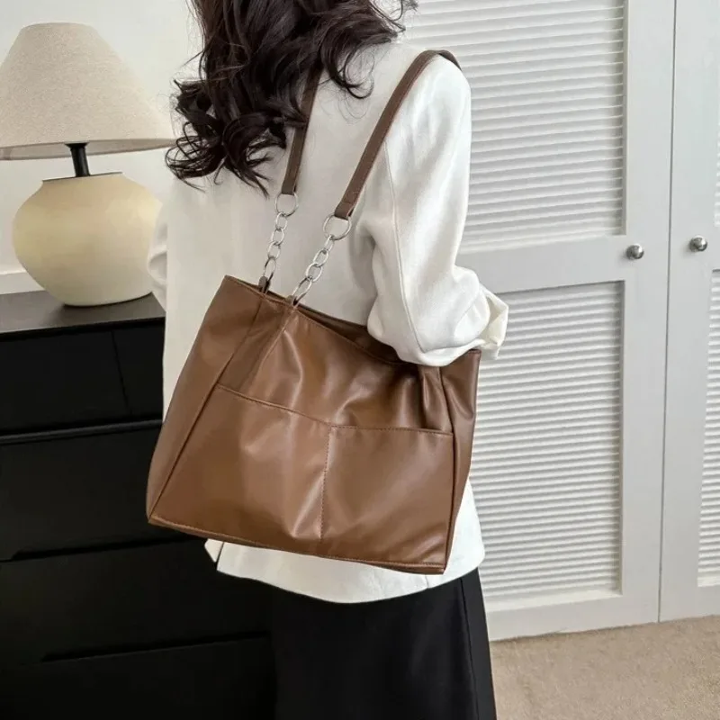 Vintage PU Leather Bag Women Zipper High-Capacity Tote Bag Shoulder Bag Office Lady Commuter Purses and Handbags