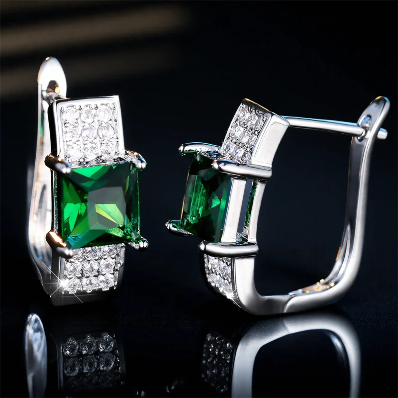 Cute Square Blue Zircon Green Stone Hoop Earrings For Women Charm Female Silver Color Wedding Jewelry Gift