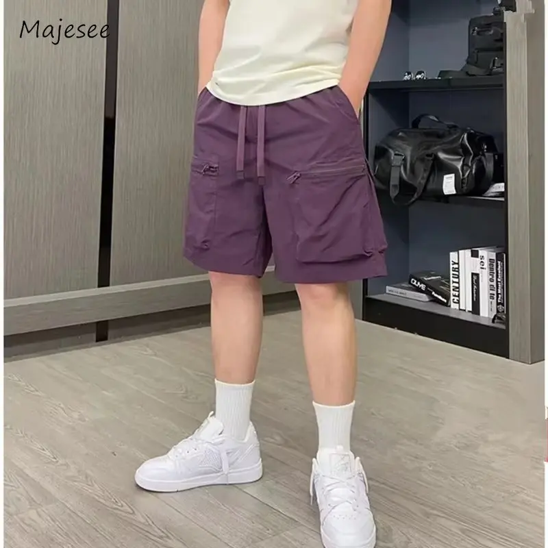 남성용 단색 루즈 카고 반바지, 미국 스타일, 하이 스트리트, 멀티 포켓 지퍼, 데일리 여름 드로스트링, 잘 생긴 젊은이