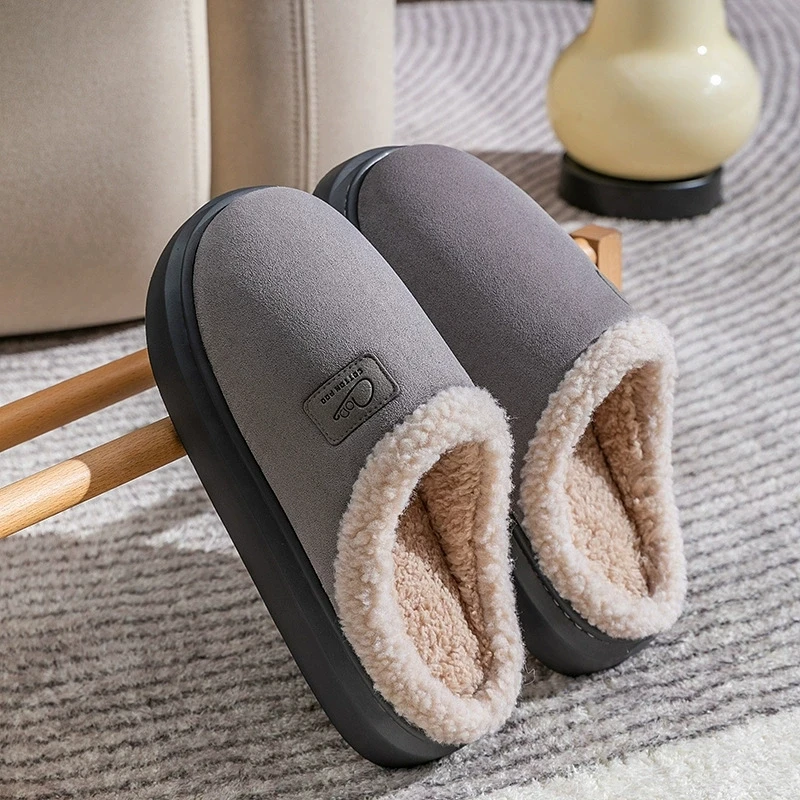 Closed Toe Suede Home Slippers for Women Winter Thicken Fleece Lined Cotton Slippers Woman Soft Bottom Cotton Indoor Shoes Mujer