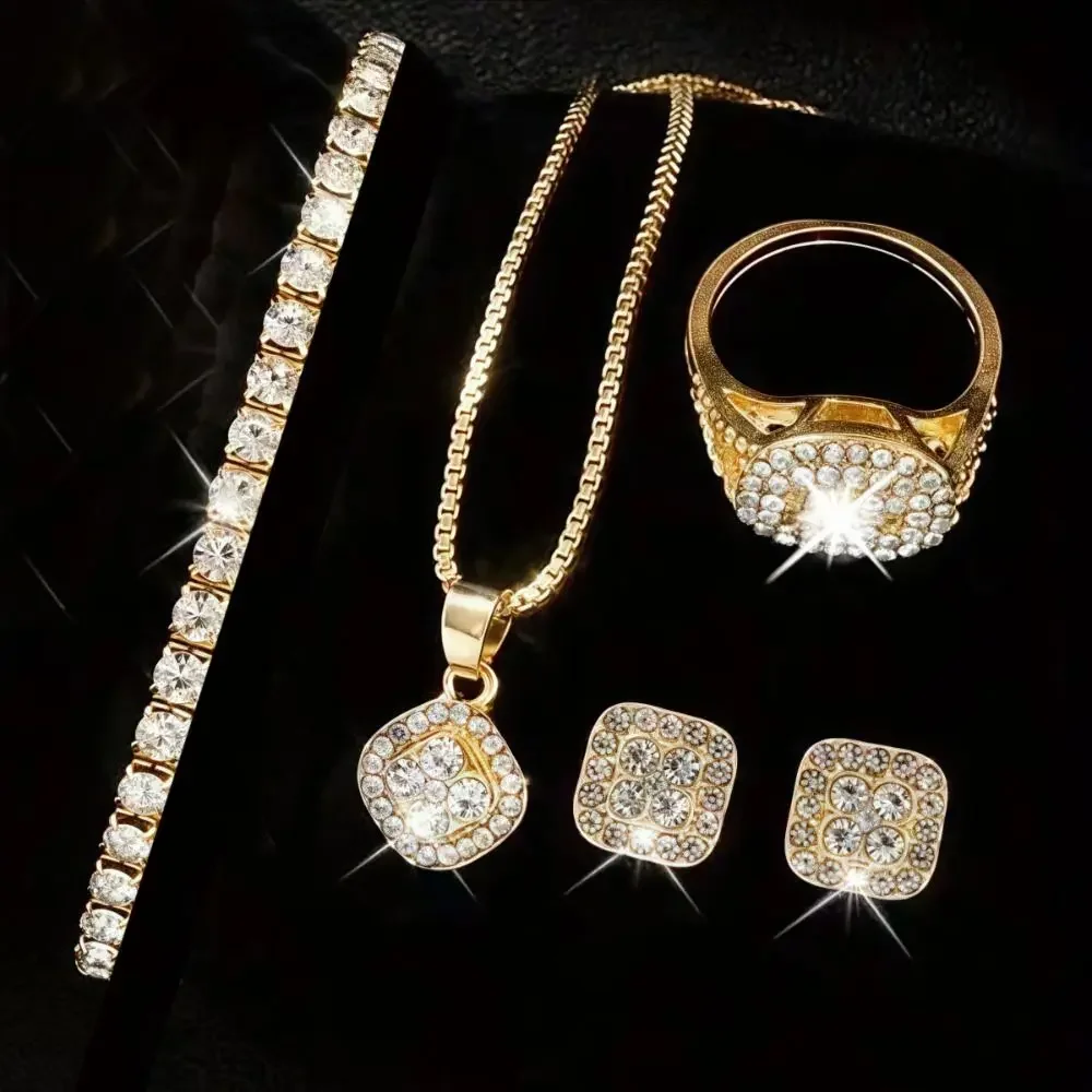 6pcs Luxury Rhinestone Women Quartz Watch With Rhinestone Bracelet Necklace Ring And Earrings Fashion Jewelry Set For Daily Wear