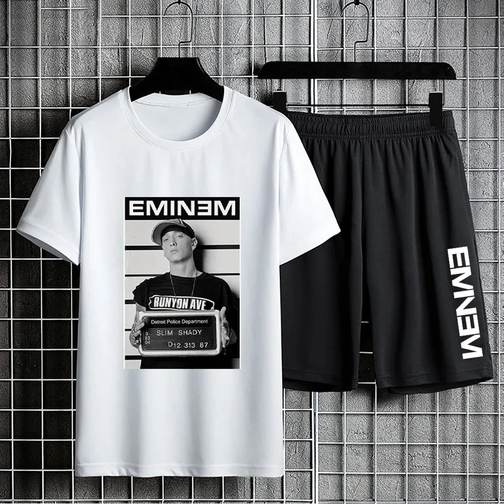 Eminem Slim Shady Print T Shirt Shorts for Men Short Sleeve Sports Suit Oversized Casual Tees Short Pants Hip Hop Two Piece Sets 4