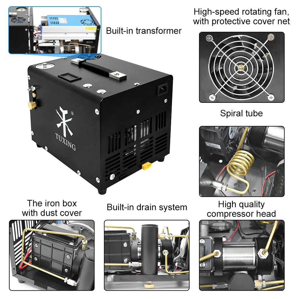 TUXING-Compressor de ar para tanque de mergulho, alta pressão, elétrico embutido, 12V adaptador de energia, 4500Psi, 300Bar, PCP, TXET062