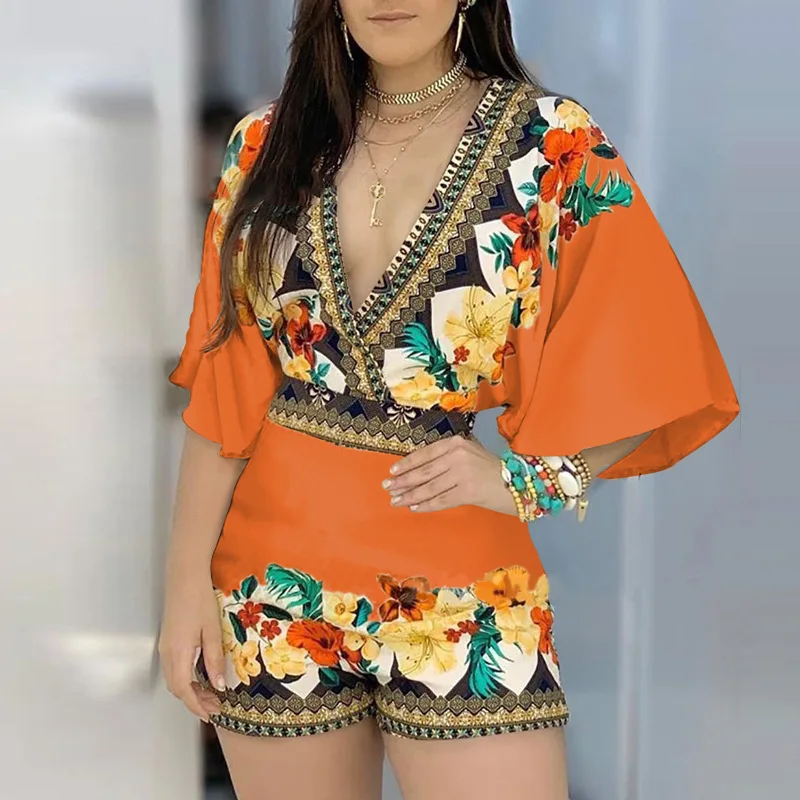 2024 Women's Spring/summer New European and American Partial Print Deep V Jumpsuit Shorts for Women
