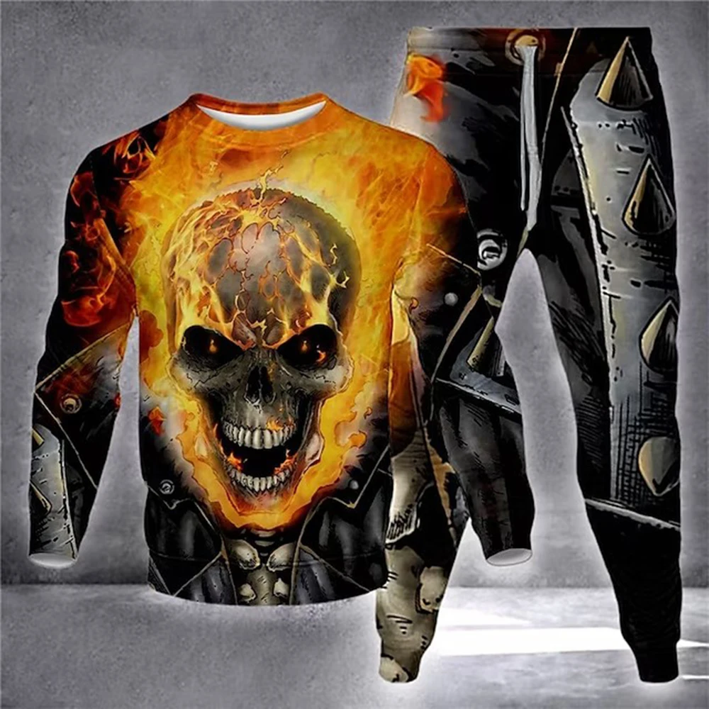 

2023 Vintage Men's Flame Skull 3D Printed Vintage Design Fall/winter 2 Tracksuit Men's Hooded Sweatshirt Warm Oversized Size