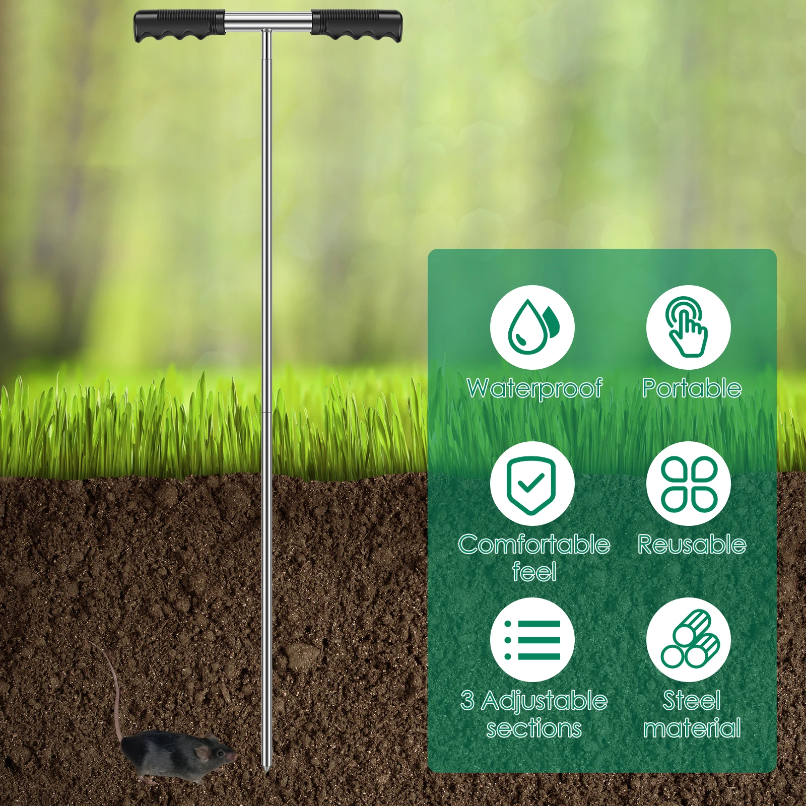 Stainless Steel Soil Probe Rod Height Adjustable Ground Probe Rod with Handle Portable Ground Rod Tool for Locating Septic Tanks