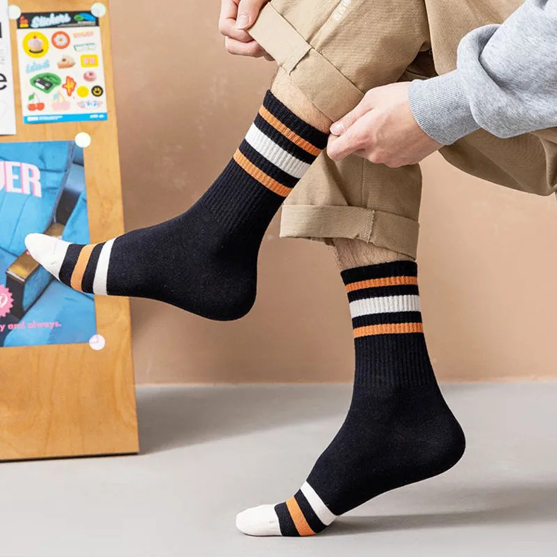 5 Pairs Men Autumn And Winter Striped Sports Socks Comfortable Breathable Wear-resistant Warm Polyester Cotton Mid Tube Socks 10 S4699b7c816394f6fbe74fcc549c33578a