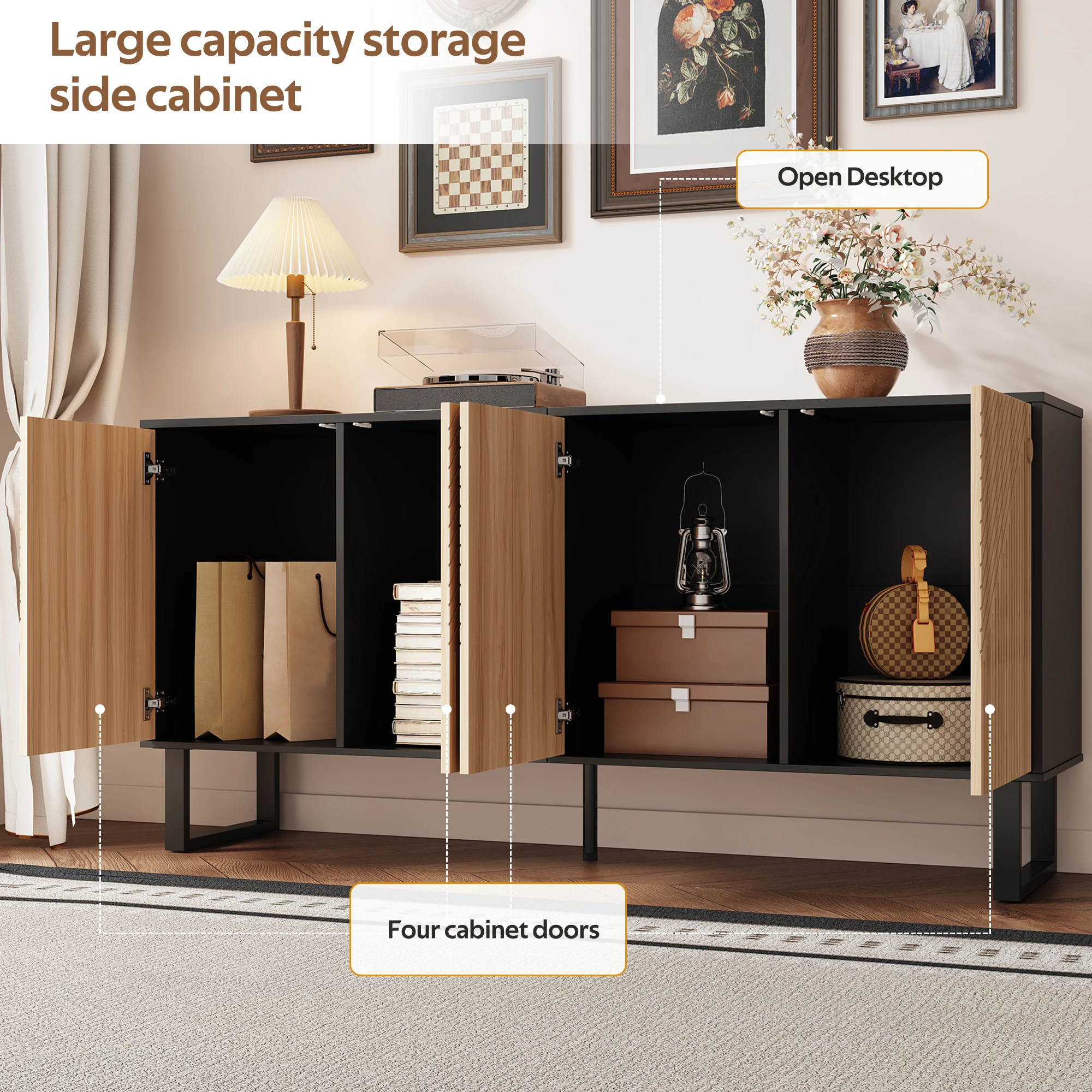 Modernes, minimalistisches Sideboard, kontrastierendes Design in schwarzer Holzmaserung, 3D-gestreifte Vorderseite, extra großer Stauraum – Detail 13