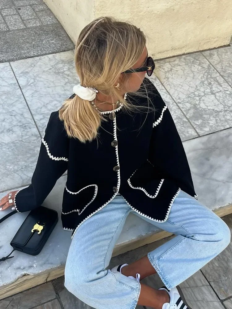 

Женское однобортное пальто в стиле пэчворк, куртка с круглым вырезом и длинным рукавом, карманами, уличная мода на осень 2023