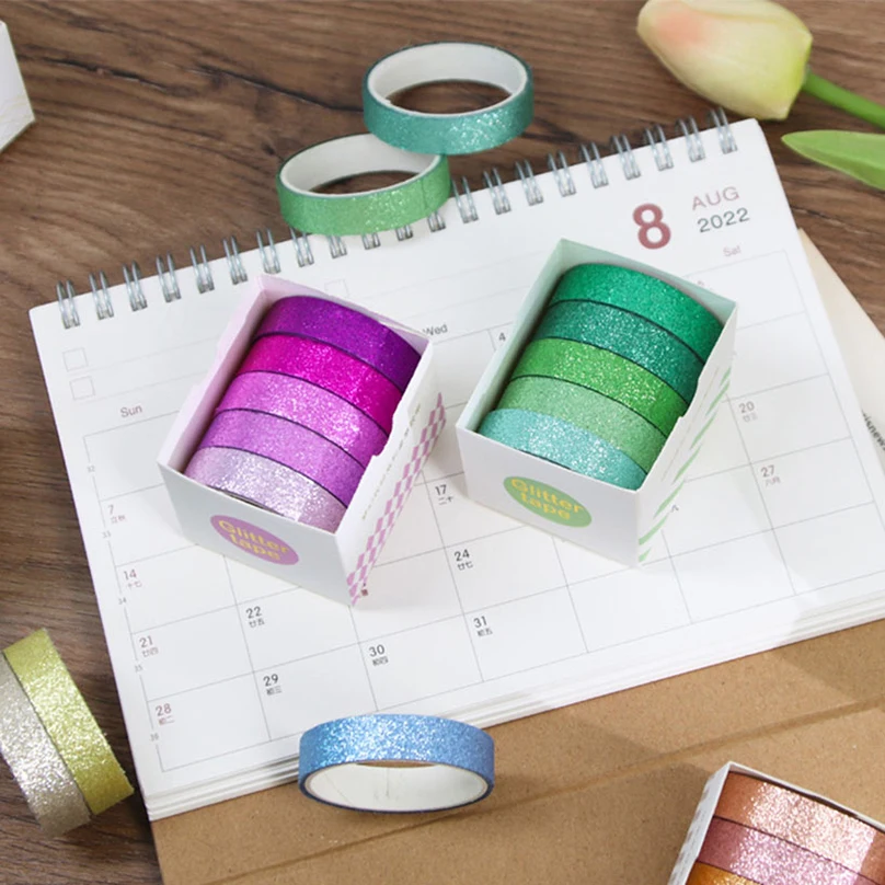 Glitter Washi Tape Journal Supplies 5Rolls Basic Masking Tape Scrapbooking Stationery Album Washitape Decorative Adhesive Tape 5