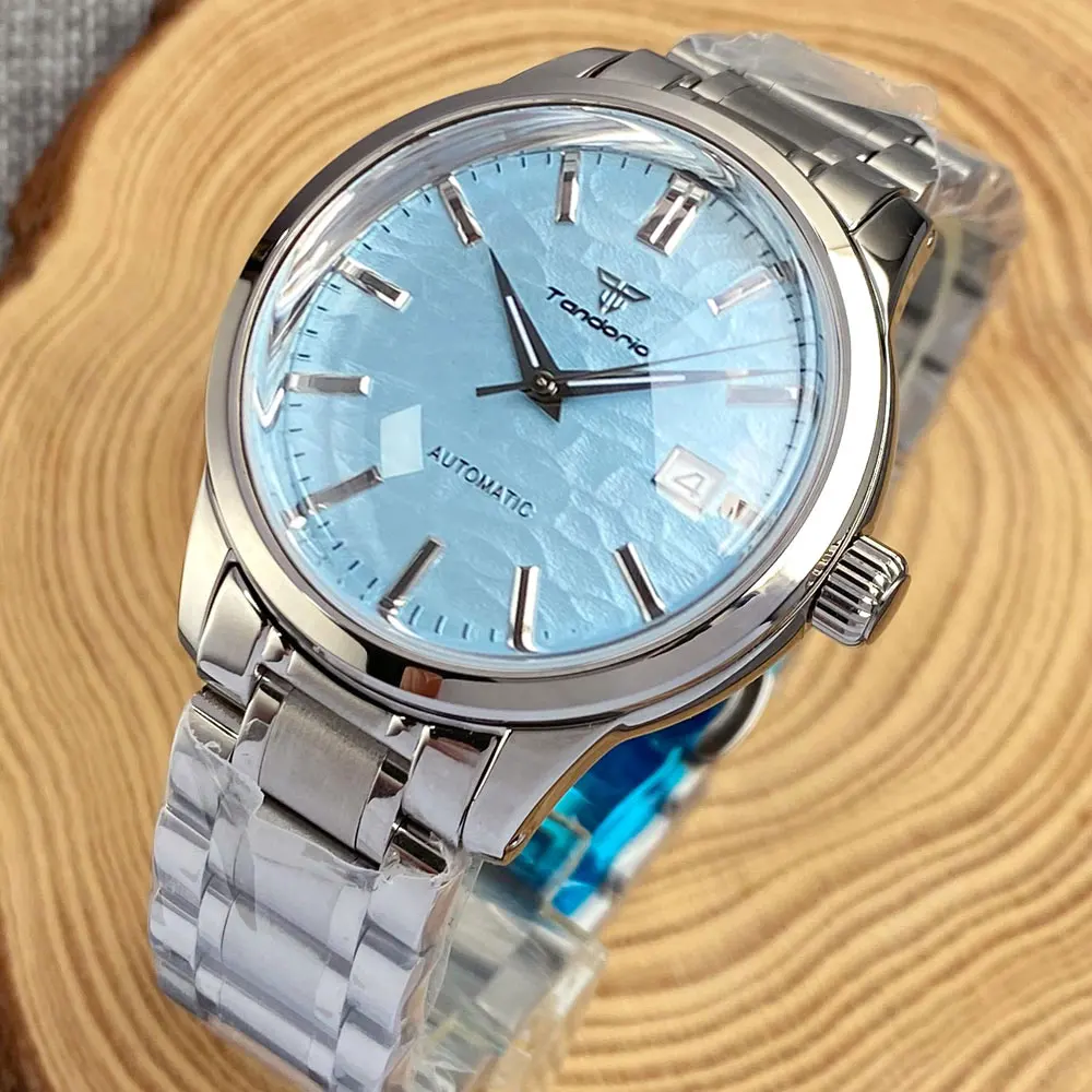 200M Impermeabile 40Mm Tandorio Wave Stripe Dial Blue Beige Orologio Automatico Per Uomo Nh35A Double Dome Sapphire Glass Steel