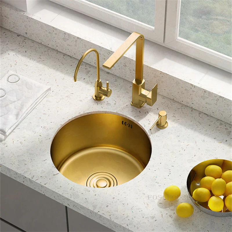 Nano Golden Round Sink Island Bar Counter Single Slot 304 Stainless Steel Kitchen Sinks Household Handmade Vegetable Wash Basin
