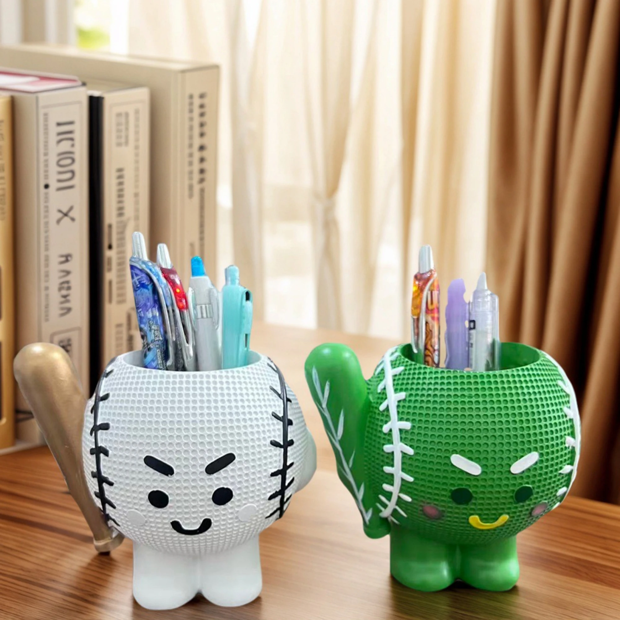 Baseball-themed Resin Desk Organizer with Flower Pot Design - Adorable Pencil Holder for Home or Office Desktop Storage