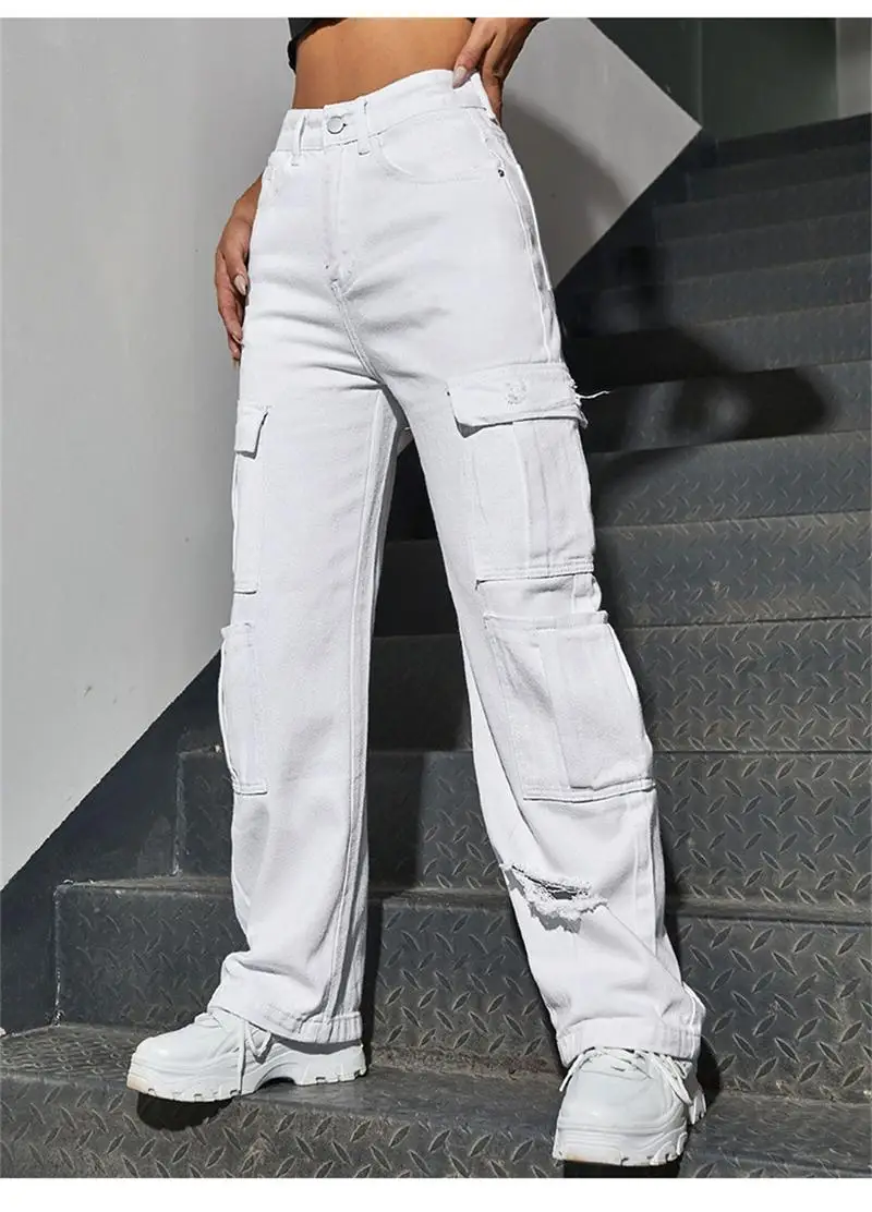 Ripped Solid Color Straight Pants for Ladies, Multi Pocket Workwear Jeans, High Street