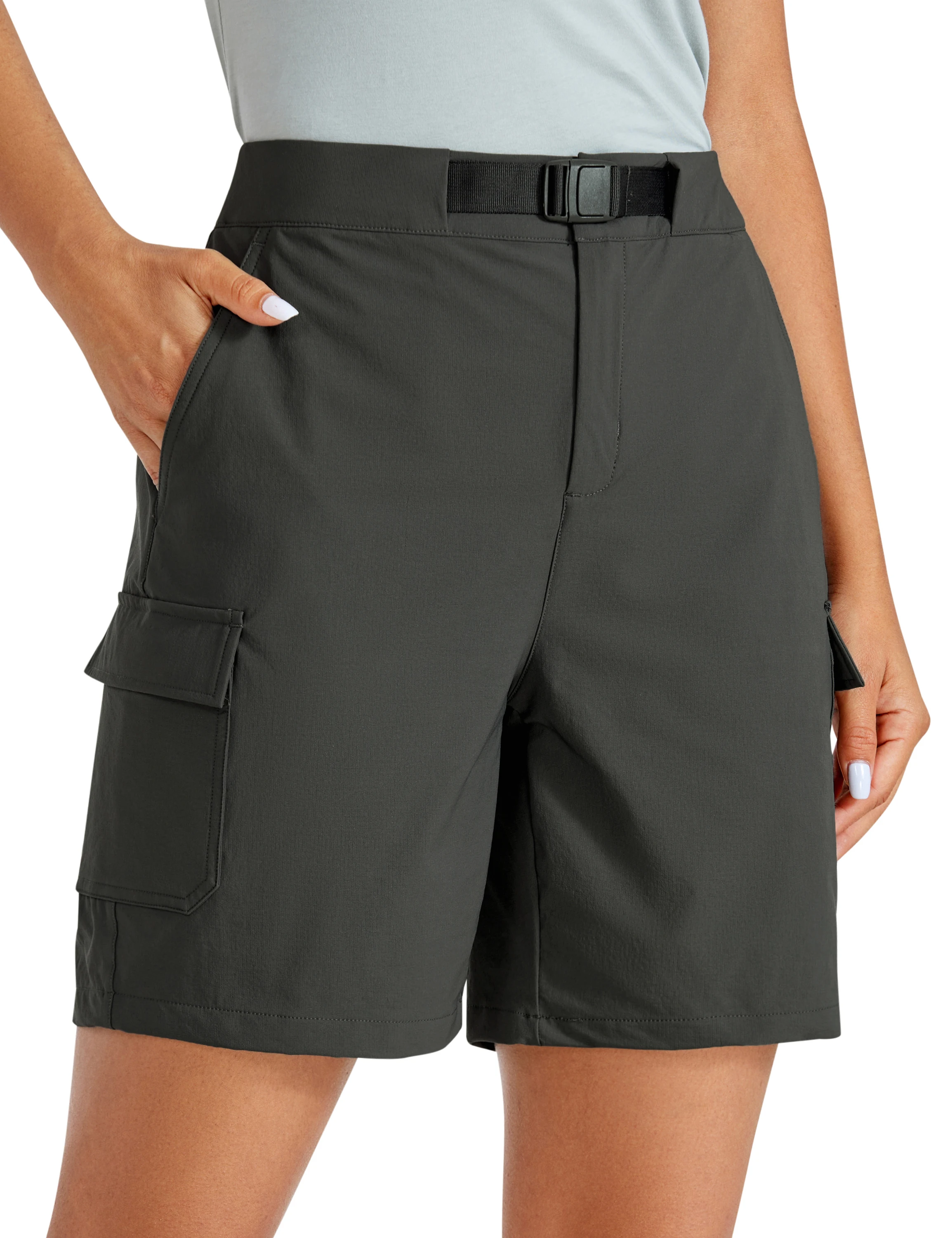 Waterproof Women Shorts Stretch Hiking Camping Cargo Shorts 7'' UPF 50 Lightweight Summer Outdoor Golf Pockets Lady Solid Black