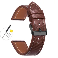 Carbon Fiber Texture Leather Strap - Premium Cowhide Watchband for Men, Soft Wrist Belt in Various Sizes (DarkBrown - Black)
