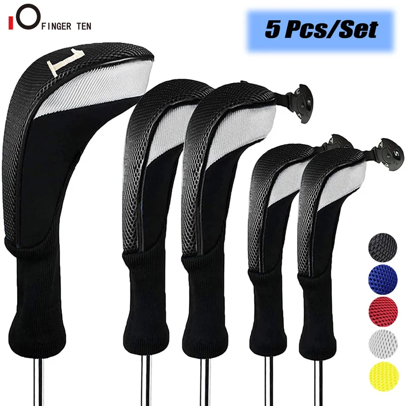 

5Pcs/Set Long Neck Golf Club Head Covers for Woods Driver Fairway Hybrid 1 3 5 Interchangeable Number Tag Fit All Wood Clubs