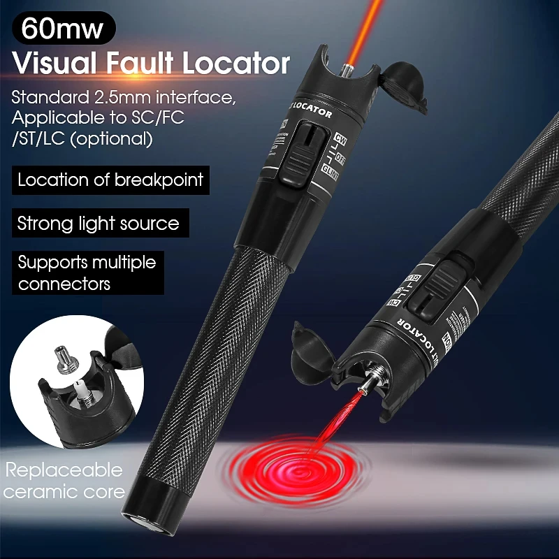 Localizador Visual De Fallos En Fibra óptica Telituny 60mW 650nm - Alcance 60km, Conector Universal