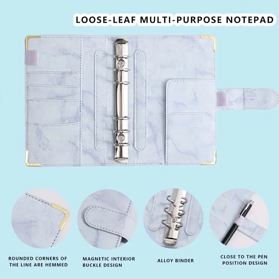 Sleek A6 PU Leather Marble Texture Binder with Zipper – Trendy Multi-Pocket Storage Bag to Keep Your Bills and Receipts Neat! 3