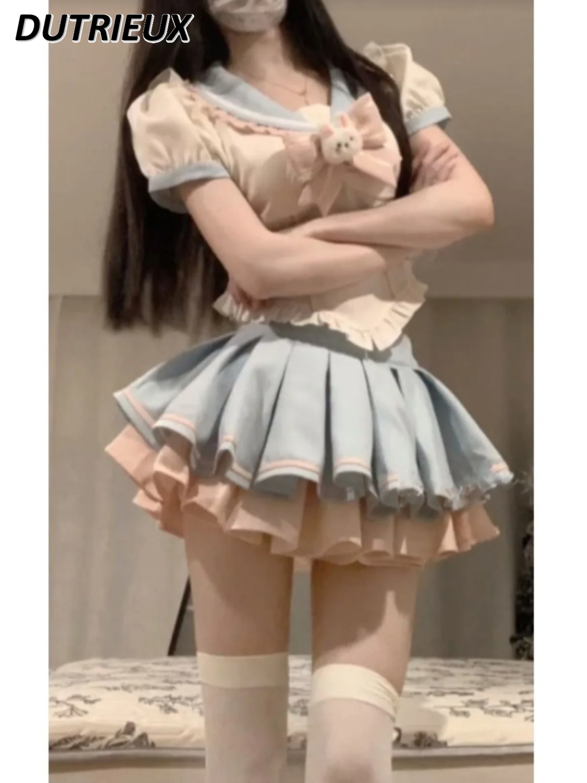 Sweet Lotus Leaf Bow Sailor Collar Short Sleeve Shirt High Waist Bubble Short Skirt JK Uniform Suit Women's Summer Two-Piece Set