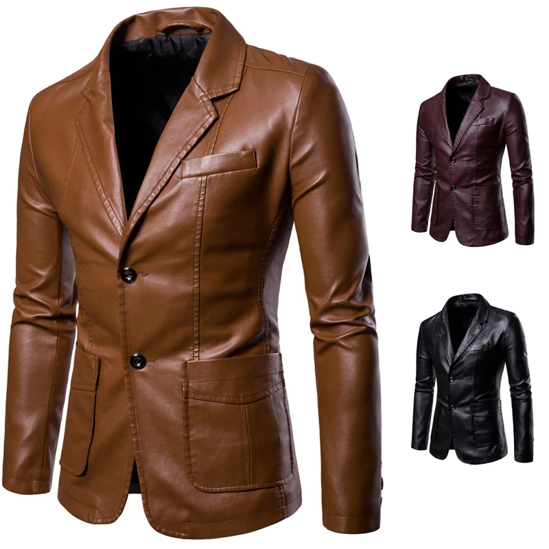 Men's Casual Pockets Pocket Long Sleeves Lapel PU Leather Jackets