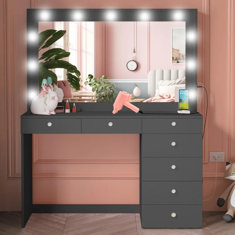 

Diana Modern Vanity Makeup Desk with Vanity Mirror, Built-in Lights, 7 Drawers, Crystal Ball Knobs, Power Outlet