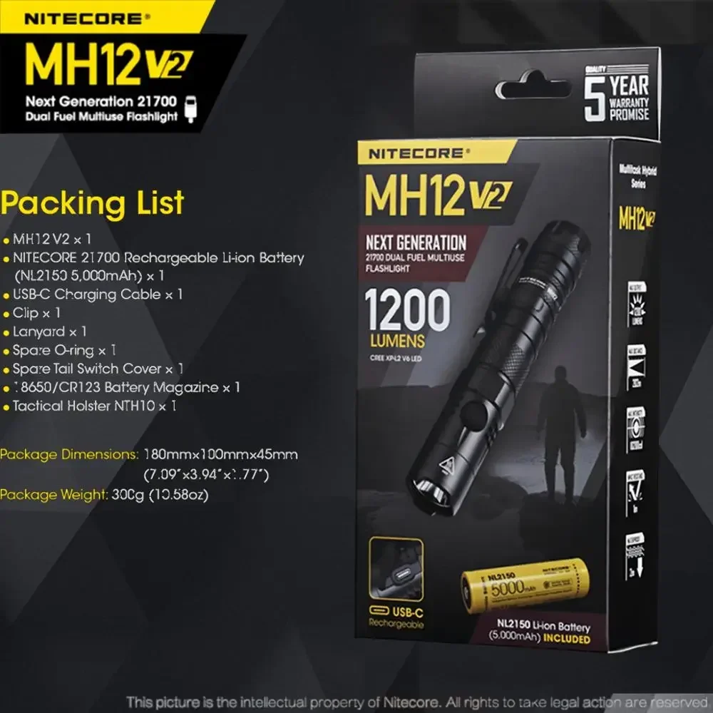 NITECORE LED USB-C  , ߿ ˻ ġ, MH12 V2, 1200 , XP-L2 V6, 5000mAh NL2150 ͸ 