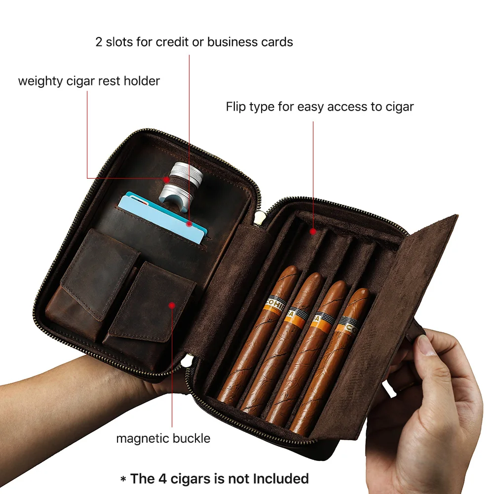 AMANCY Luxury 2 Holder Brown Leather Portable Cigar Case Gift Set,Contained  2 Oz Stainless Steel Flask with Lighter and Cutter