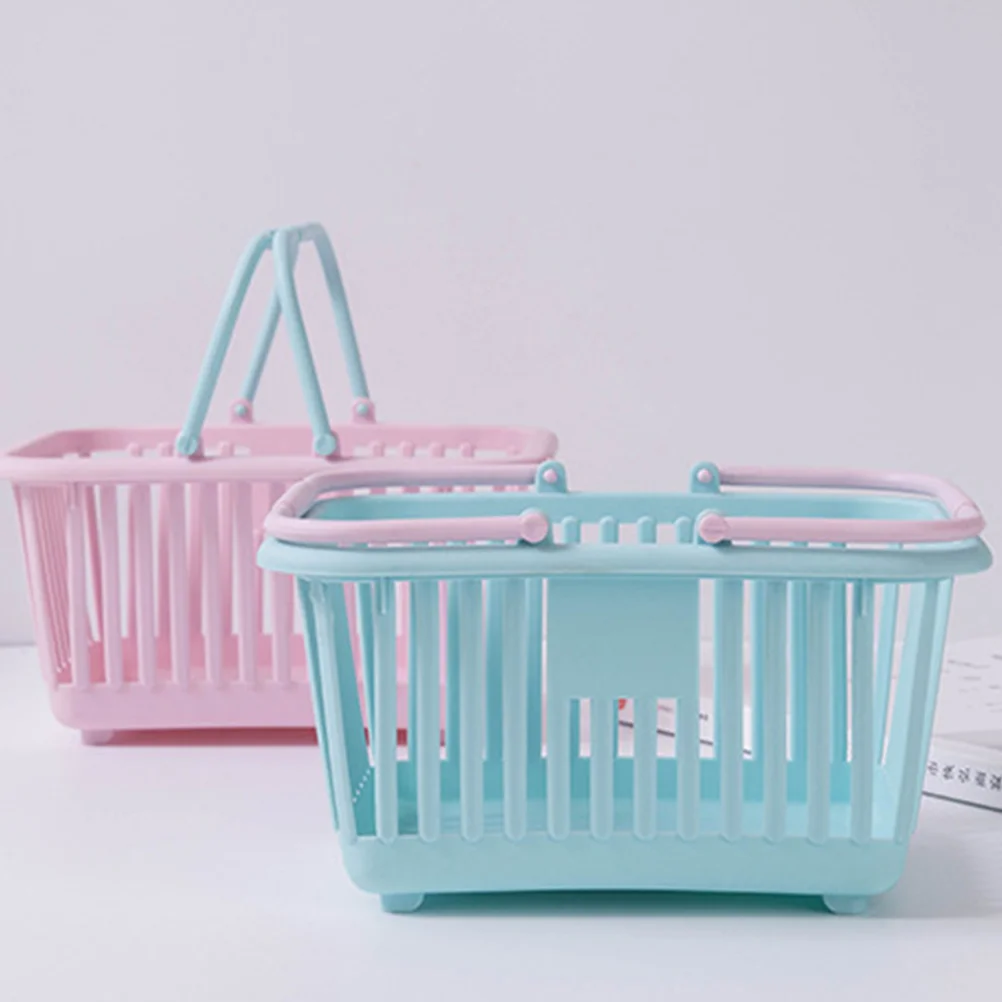 4Pcs 블루 핑크 스퀘어 보관 바구니 플라스틱 바구니 작은 플라스틱 상자 어린이 장난감 바구니 식료품 바구니 핸들 홈