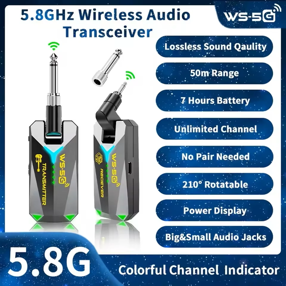 Miwayer 5.8GHz 무선 기타 시스템, 48K/16비트 실시간 오디오 및 더 많은 채널, 3.5mm 및 6.35mm 잭으로 충전 가능