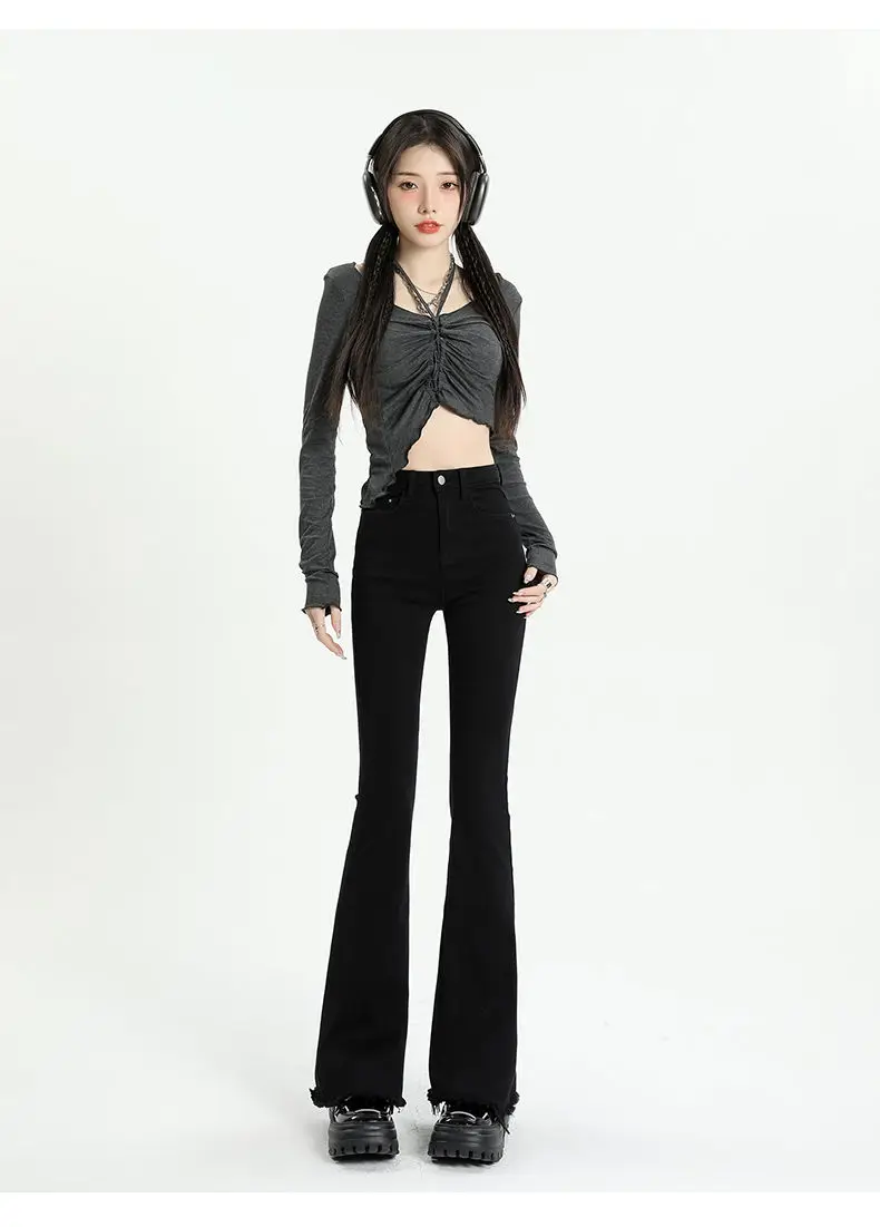 High Rise Slim ‘70s Flare Jeans black  Women’s Elegant Denim Trousers High Waist Vintage Casual Streetwear Ripped Design Petite Plus size womens Chic Trendy Harajuku Spring Pants for woman