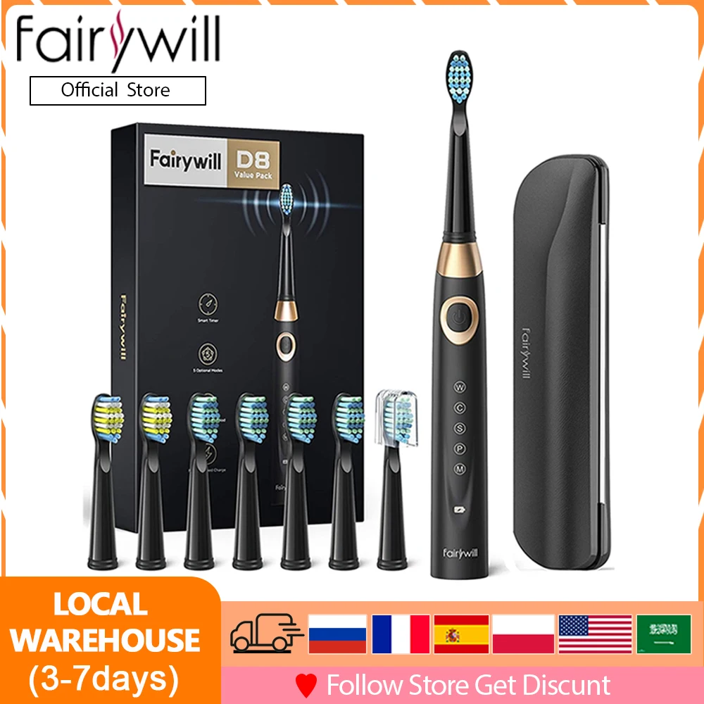 Fairywill Electric Sonic Toothbrush 5 Modes Replacement Heads Waterproof Rechargeable Powerful Cleaning Soft Heads Toothbrush electric toothbrush