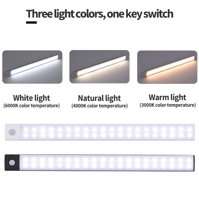 Cabinet Light USB Rechargeable Motion Sensor Led Three Colors In One Lamp For Kitchen Wardrobe Indoor Lighting 10/20/30/40/60cm 4