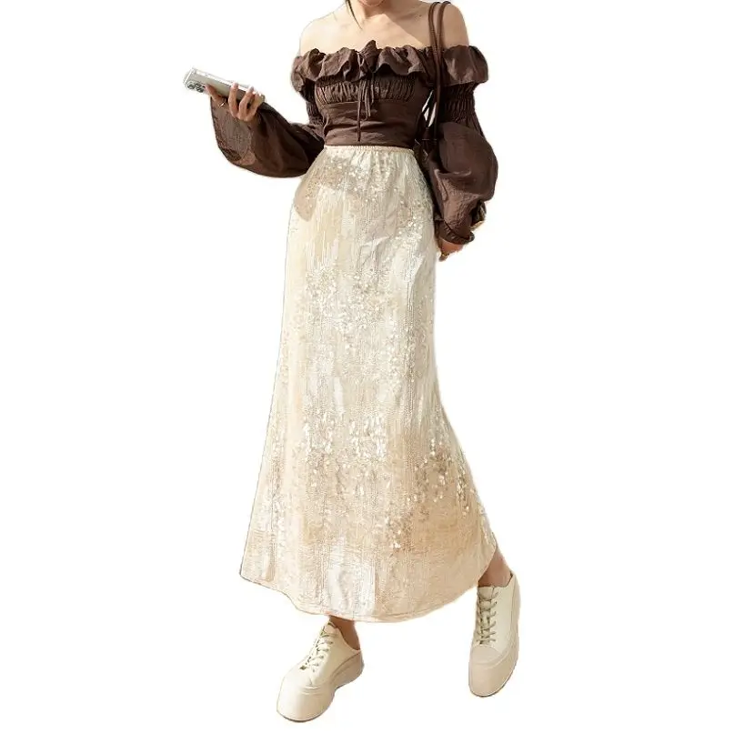 

female skirt high-waisted sequins frill skirt Fish tail skirt frill hem A-Line skirts