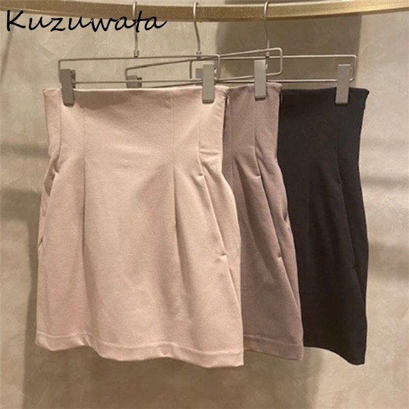 Kuzuwata Solid Empire Slim Folds Above Knee Sexy Mini Skirts Summer Womens Faldas 2023 New Fashion Temperament Japan Style Jupe