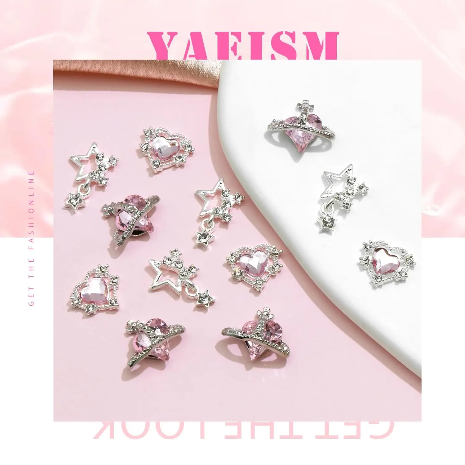 15PCS Nail Art Charms Crystal Heart Nail Charms Pink Shiny Planet Charms 3D Alloy Star Nail Charm Shiny Flatback Diamond Nail 4