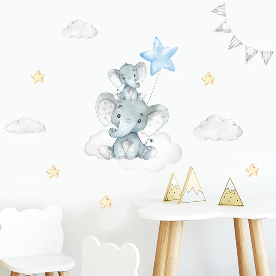 Wall Stickers Children Room Decoration Cartoon Elephant Moon Stars Blue Green Wall Stickers Nursery Removable Wall Decals Art Posters Kids Bedroom Interior Home Decor