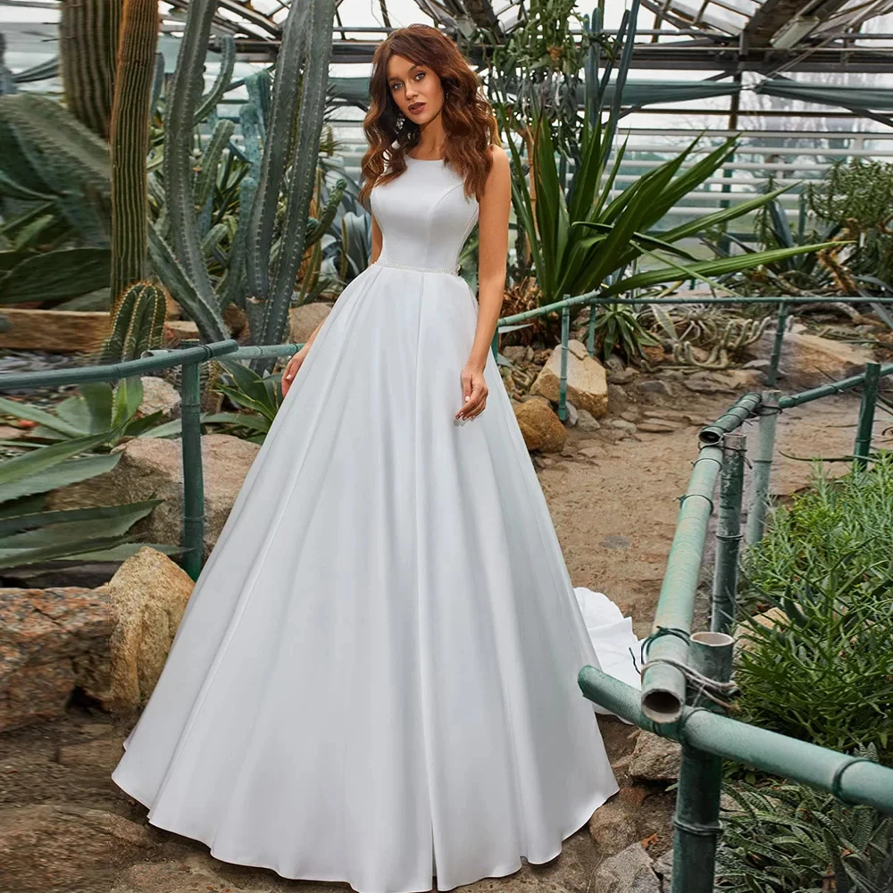 

Satin A-Line Wedding Dresses Robe Mariage Hand Made Beading Flowers Trouwjurk Simple Hochzeitskleid Backless Sukienka Na Wesele