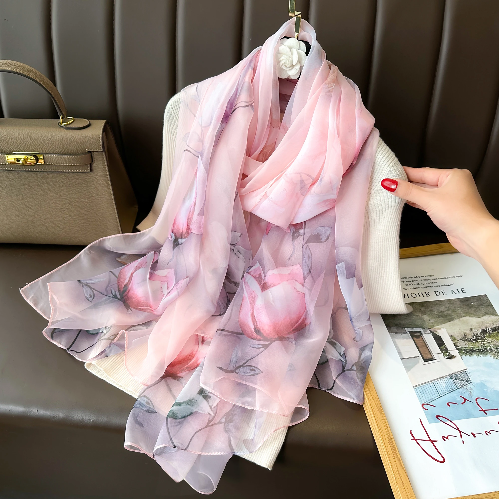 Fashion Satin Finish Sunscreen Scarves Female 180*130CM Style Beach Towel Popular Print Silk Shawl Luxury Dustproof Big Bandanna