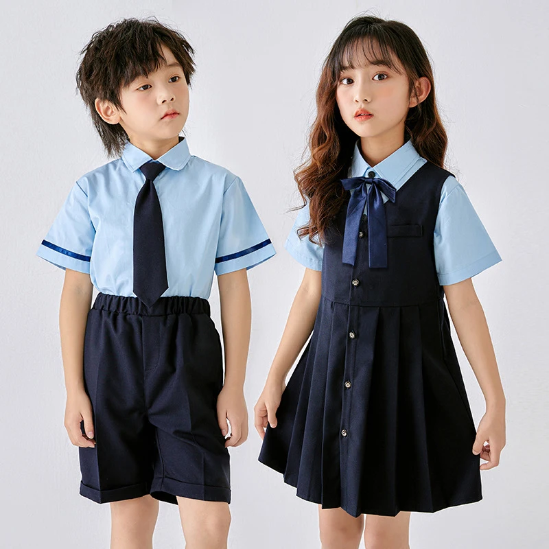 

Summer Kids Formal Clothes Sets College Boys Shirt Shorts Girls Pleated Dress School Uniform Clothes Student Performance Outfit