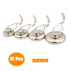 10 - Pack Heavy Duty Swivel Magnetic Hooks - Strong Neodymium, 15kg Capacity, 20mm Size - D20mm