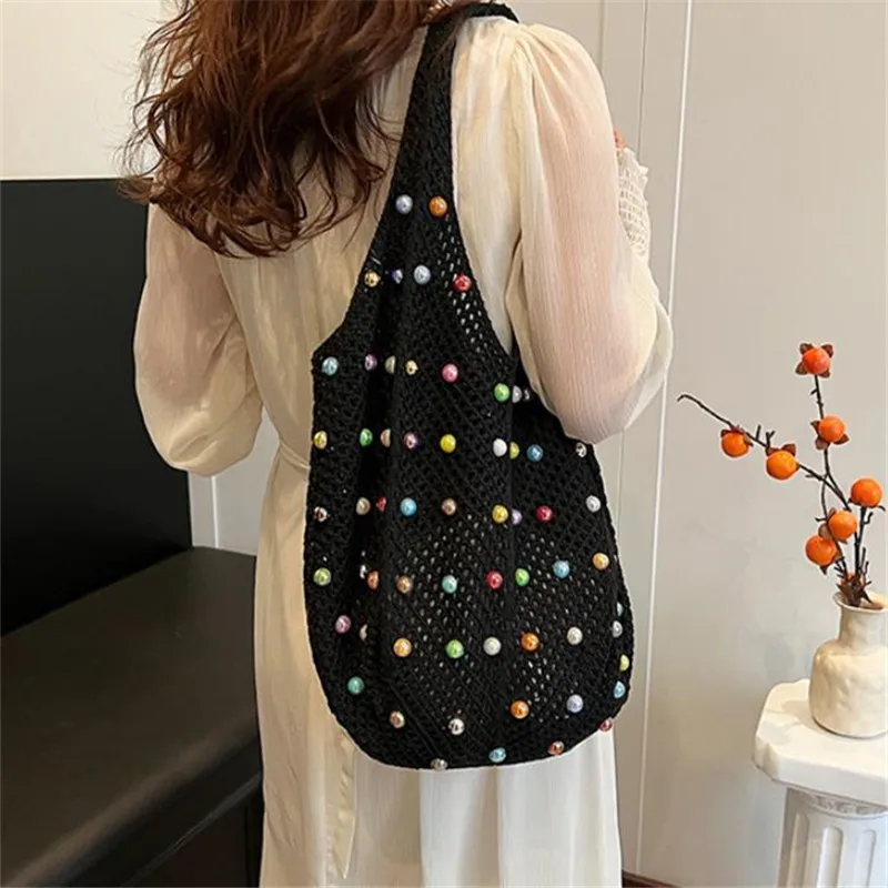 Summer Commuting Woven Bag for Women Single Armpit Bag, Fashion Large Capacity Tote Bag, Beach Pearl Hollow Handbag Shoulder Bag