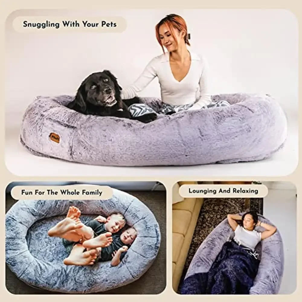 Orthopedic Memory Foam Human Dog Bed Giant Breed Plush Vegan Fur Calming Anxiety Relief Machine Washable 68x33 Portable Storage
