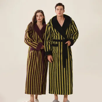 Couple Women Men Casual Striped Kimono Bathrobe Winter Flannel Long Robe Thick Sleepwear Hooded Nightgown Male Loose Home Wear