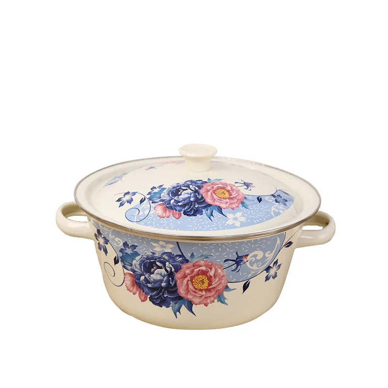 Household Thickened Enamel Soup Pot with Ears and Lid Vintage Bowls Basin Classic Enamel Cake Vegetable Container Tableware enamel tableware