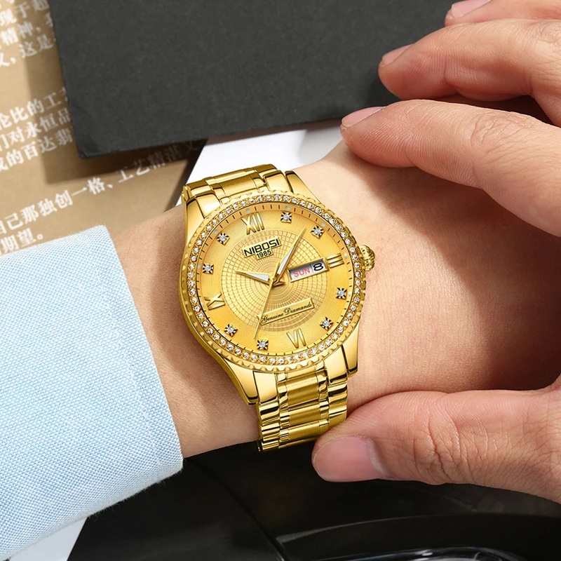 NIBOSI Luxury Gold Quartz Watch for Men Stainless Steel Waterproof Luminous Week Date Fashion Mens Watches Relogio Masculino